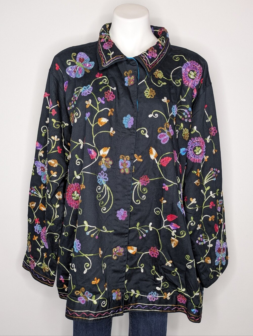 Quacker Factory Black Purple Colorful Fully Beaded Butterfly Flower Jacket 2X